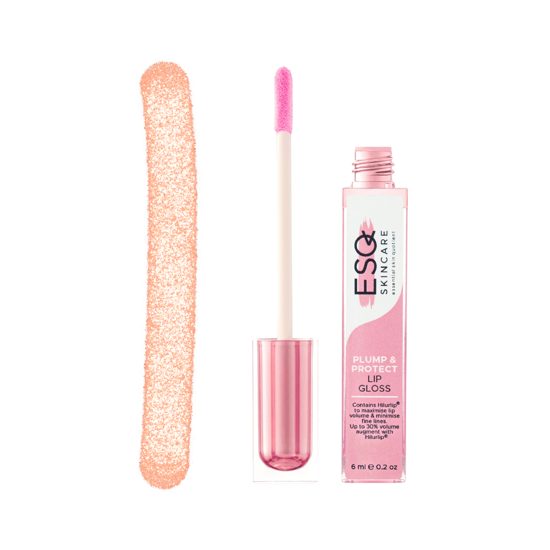 ESQ Skincare Coral Lip gloss with applicator and packaging on a white background